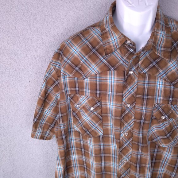 Wrangler Men’s Western XXL Snap Shirt Brown Blue Plaid Pearl Snap Short Sleeve - Picture 4 of 15